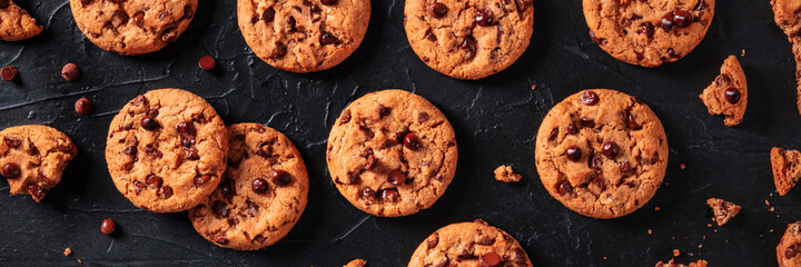 Chocolate chip cookies panorama, top shot