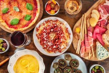 Italian food assortment, a flat lay overhead shot