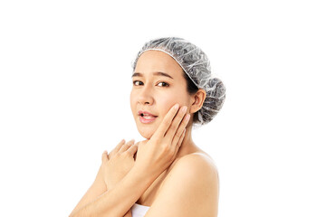 woman wearing shower towel and cap bath