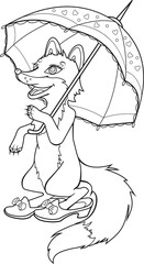 Black and White Cartoon Illustration of fox with an umbrella Coloring Book Page