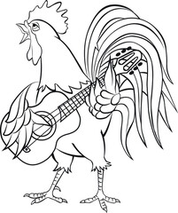 Rooster musician. Rooster plays the guitar. Coloring page. Illustration for children. Cute and funny cartoon characters