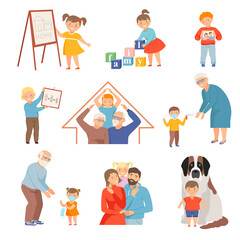 Cute Little Children Loving and Protecting Their Family Members Vector Set