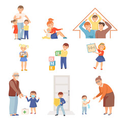 Cute Little Children Loving and Protecting Their Family Members Vector Set