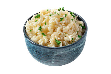 White rice in a blue bowl, isolated with a clipping path