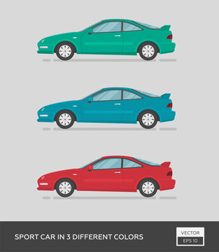 Urban vehicle. Sport car in 3 different colors. Cartoon flat illustration, auto for graphic and web design.