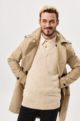man in beige coat autumn style look aside isolated background