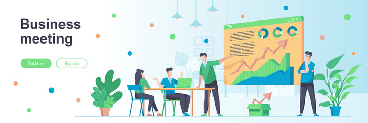 Naklejka premium Business meeting landing page with people characters. Business team conference web banner. Collaboration and partnership vector illustration. Flat concept great for social media promotional materials.