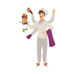 Moustached Man as Super Chef in Toque and Jacket Multitasking Vector Illustration
