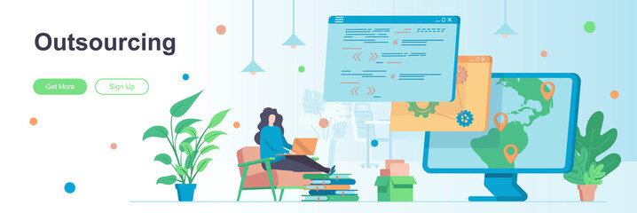 Outsourcing landing page with people characters. Remote workforce web banner. Outsourcing software development service vector illustration. Flat concept great for social media promotional materials.