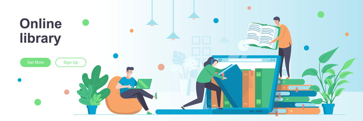 Online library landing page with people characters. Electronic books reading service web banner. Literature and knowledges vector illustration. Flat concept great for social media promotional material