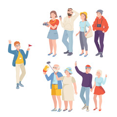 Obraz premium People Tourist Characters on Excursion or Sightseeing Tour with Guide Vector Illustration Set