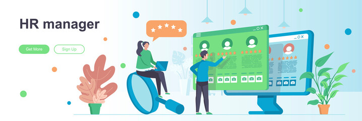 HR manager landing page with people characters. Staff recruitment and employment web banner. Human resources management vector illustration. Flat concept great for social media promotional materials.