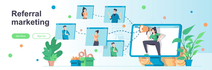 Referral marketing landing page with people characters. Customer referral program banner. Promoting products or services vector illustration. Flat concept great for social media promotional materials.