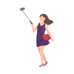 Woman Tourist Character on Excursion or Sightseeing Tour Holding Selfie Stick Vector Illustration