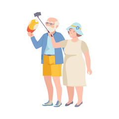 Senior Tourist Couple on Excursion or Sightseeing Tour Holding Selfie Stick Vector Illustration