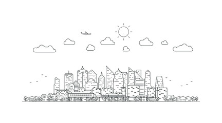 Thin line City landscape. Downtown landscape with high skyscrapers. Panorama architecture buildings Isolate. Urban life Vector illustration.
