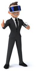 Fun 3D illustration of a cartoon businessman with a VR helmet