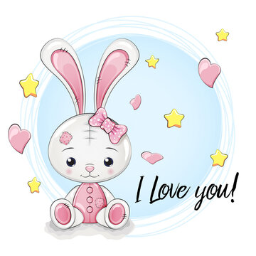 I Love you! Greeting card with child cute  Pink Bunny  rabbit. Baby Shower vector isolated  illustration