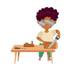 Little African American Boy in Protective Goggles at Table Woodworking Sawing Timber Vector Illustration