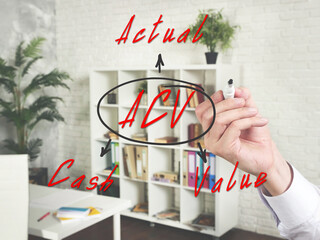 The inscription ACV Actual Cash Value . Businessman writing with marker on an background.