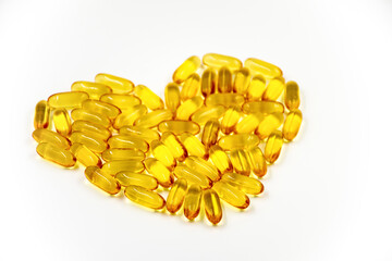 Omega-3 fish oil capsules on white background