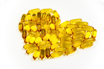 Omega-3 fish oil capsules on white background