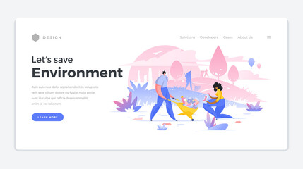 Rescue environment landing page template. Male character is standing with wheelbarrow and female is putting trash there.