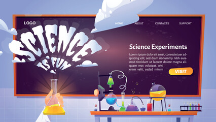 Science is fun cartoon landing page, chemical lab