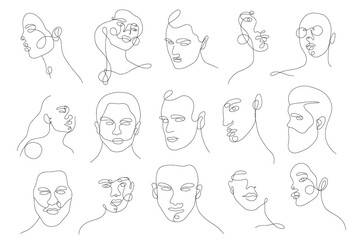 Set linear woman and man portraits