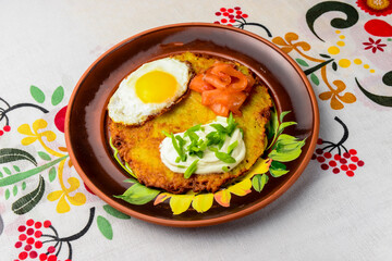 Healthy breakfast fried egg on a plate, healthy food. Ukrainian cuisine concept.