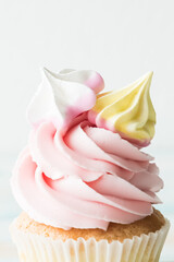 Vanilla pink cupcake with sweet cream on white background
