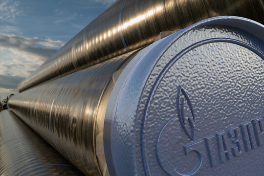 A stack of pipes on the construction site of a pipeline belonging to the Gazprom concern