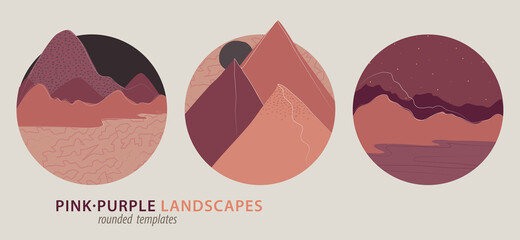 Landscape rounded backgrounds collage with mountains, lake, sea and night sky in muted purple, terracotta and pink colors in flat style. Lined, abstract and drawn style. Vectored and printable.