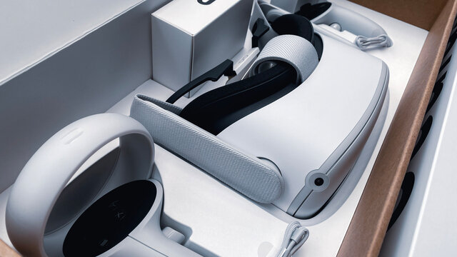 FacebookのVRヘッドセット/ヘッドマウントディスプレイ「Oculus Quest 2(オキュラスクエスト2)」を購入。開封して仮想空間でゲームや映像作品を楽しみます。巣ごもり消費/おうち時間/ニューノーマル/新しい生活様式。2021年3月撮影/日本