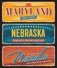 America Nebraska, Nevada, Maryland USA plate signs