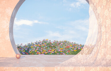 Obraz na płótnie Canvas Natural beauty podium backdrop with spring flower field scene. 3d rendering. 