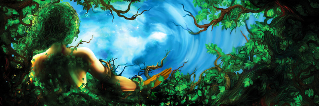 Spring season time of the year banner / Illustration stylized woman. Spring forest nature background. Digital painting