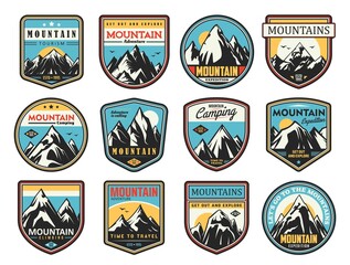 Mountain tourism and rock climbing vector icons