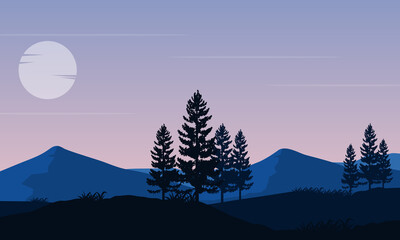 Morning scenery in the countryside with a view of the mountains and pine trees. Vector illustration