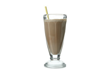 Glass of chocolate milkshake isolated on white background