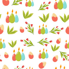 Seamless pattern with easter eggs candle, tulips, flowers, leaves. Design elements for celebrate Easter. Cute cartoon illustrations. Happy Easter.