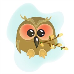 Cute owlet with a willow twig in its beak. Smiling kind cartoon character. Isolated vector illustration with funny bird for Palm Sunday.