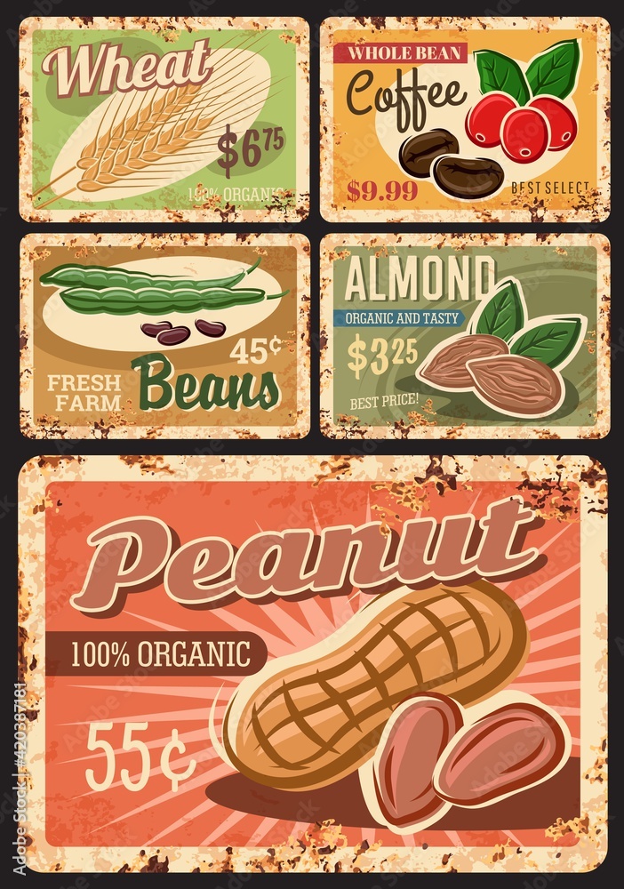 Wall mural beans, nuts and cereals vector rusty metal plates