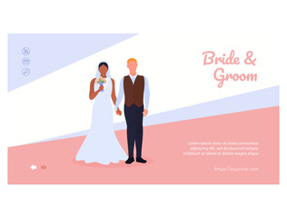 Bride and groom landing page template . flat vector illustration