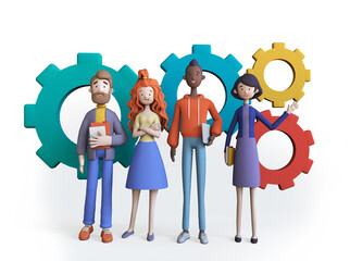 Group of diverse business people on gears, Trendy 3d illustration. Business team concept. 
