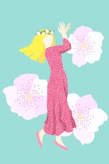 a woman in a pink polka dot dress with flowers. flower wreath. stock vector illustration.