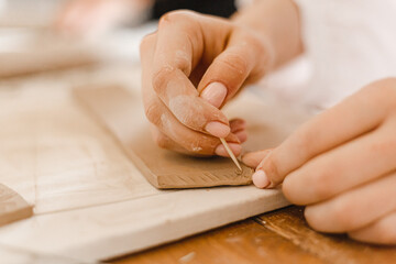 Female hands sculpt beautiful plates from clay at a lesson in a pottery workshop