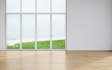 Obraz na płótnie Canvas Blank wall on empty wooden floor of large living room in modern house or luxury hotel. Minimal home interior 3d rendering with beach and sea view.