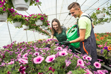 Young workers in a greenhouse feed flowers