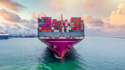 Container ship global business freight import export logistic transportation at commercial dock...